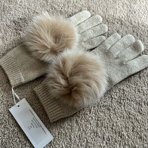 Carolyn Rowan Cashmere and Lurex Finger Gloves w. Faux Pom-Poms - Oatmeal